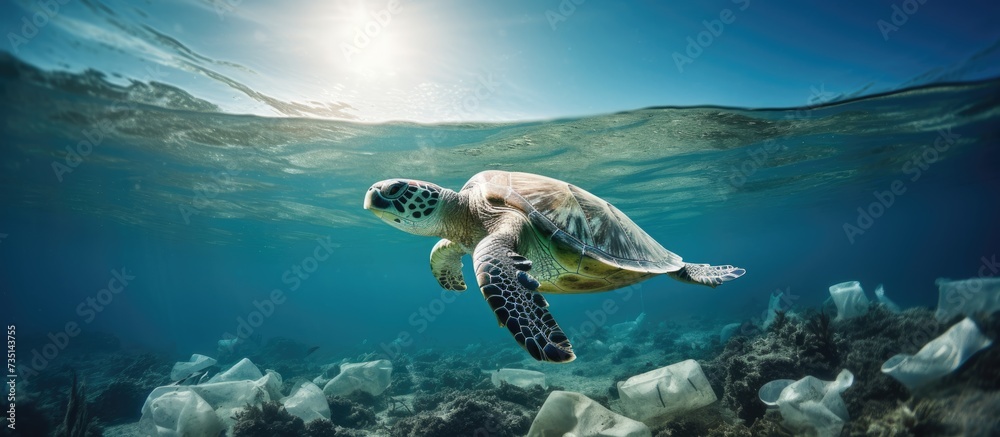 Poster sea turtle swimming in ocean invaded by plastic bottles pollution in oceans concept. creative banner