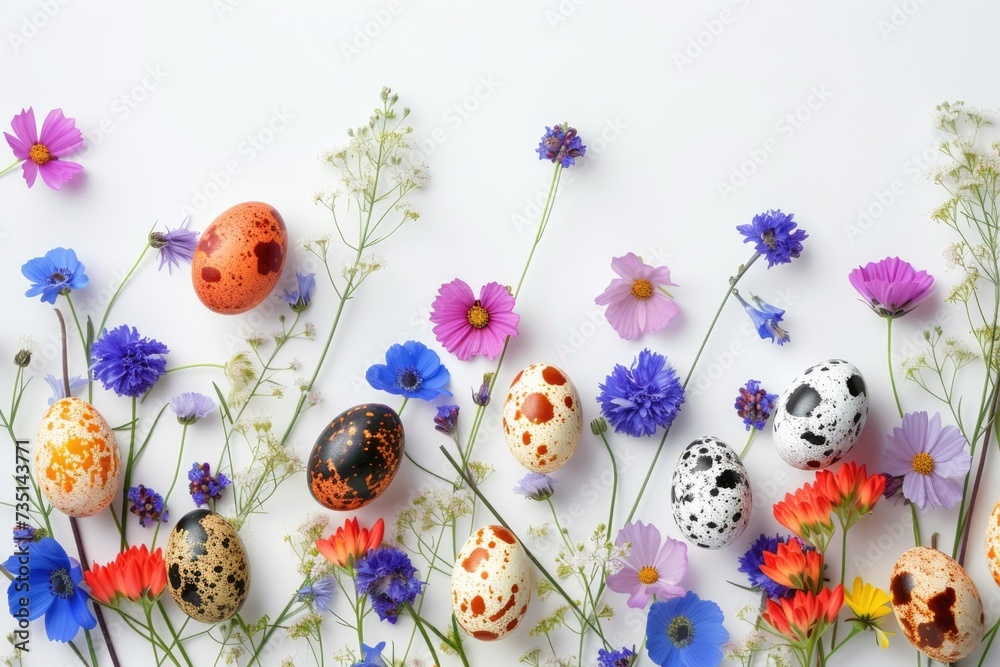 Aufkleber group of eggs and flowers placed on a white surface. ideal for easter and spring-themed designs