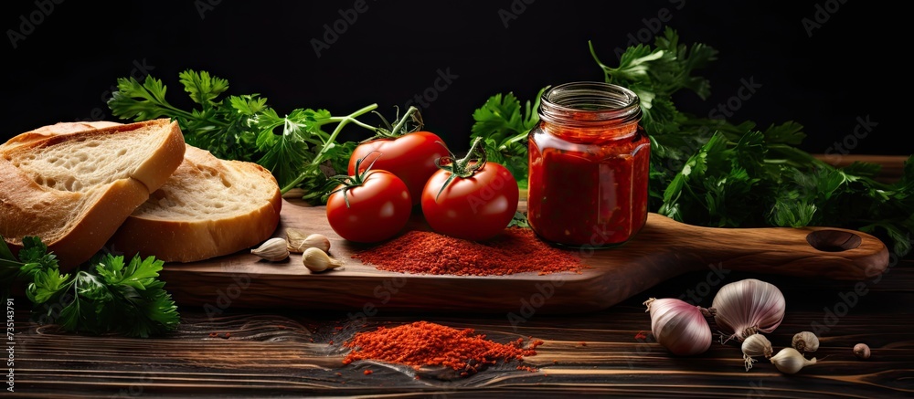 Poster slices of bread with a tomato paste parsley and tomatoes with garlic on a kitchen board. creative ba