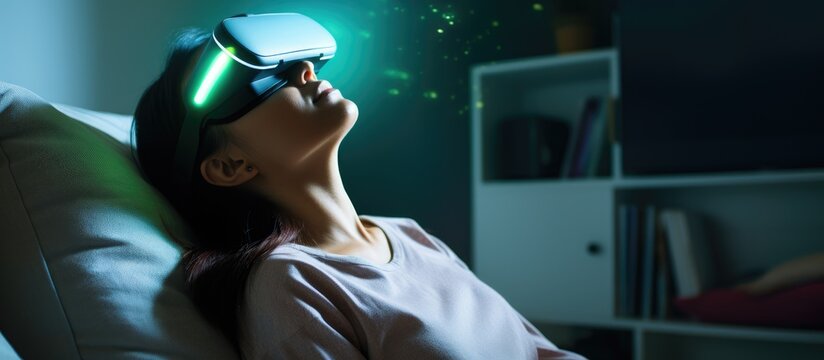 Young woman having online hypnotherapy regression session with psychotherapist lying on sofa at home Digital service. Creative Banner. Copyspace image