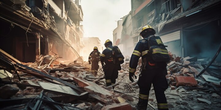 A group of firefighters walking through a rubble area. This image can be used to depict emergency response, disaster recovery, or teamwork in challenging situations