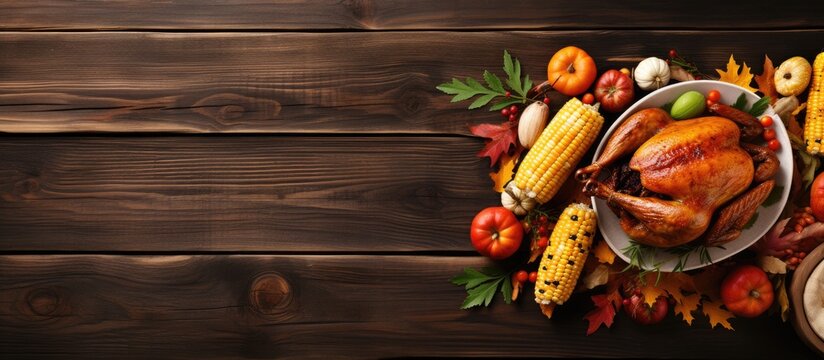 Roasted whole chicken rice pumpkin corn honey nuts vegetable salads over wooden background Top view copy space Autumn harvest organic vegetables Autumn family dinner Food concept. Creative Banner