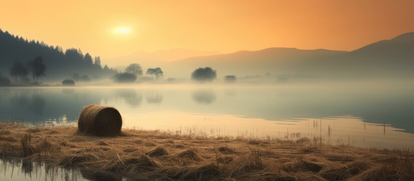 Sunrise over the lake with haybales Mist rising over the lake with sunrise. Creative Banner. Copyspace image