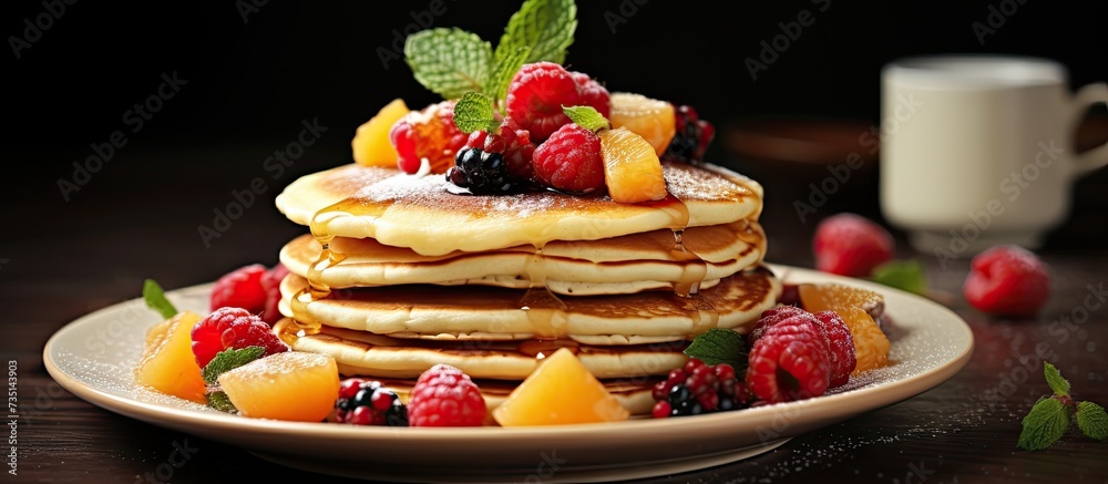 Canvas Prints Sweet homemade pancakes with fruits on white plate. Creative Banner. Copyspace image