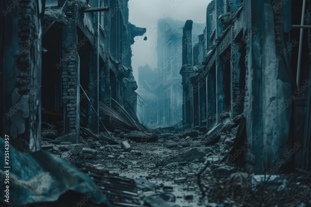 Poster A picture of a dark alley with a building in the background. This image can be used to depict mystery or urban settings