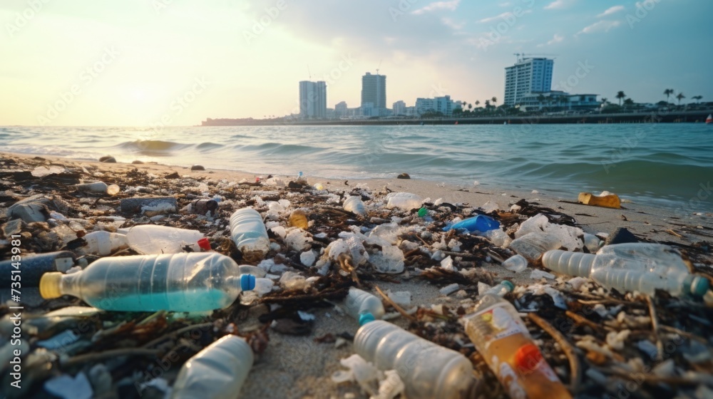 Aufkleber a beach scene with a large amount of plastic bottles and trash scattered across the sand. this image