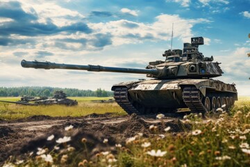 A tank sitting in the middle of a field. Suitable for military, warfare, or historical concepts