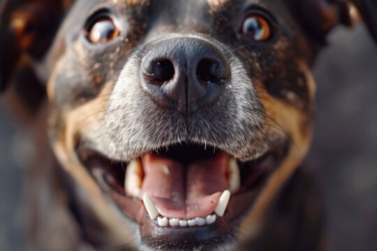 A close-up shot of a dog with its mouth wide open. This image can be used to depict excitement, playfulness, or even a dog in need of medical attention
