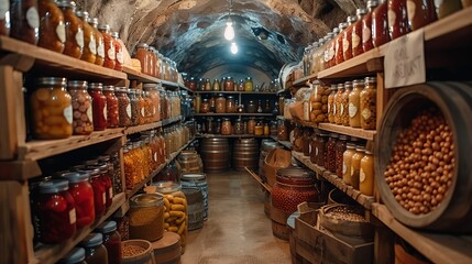 nuclear bunker with various food supplies for survival concept: nuclear war, people in the bunker, food