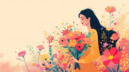 8 march, happy women's day, girl illustration with flowers, feminine, generative ai
