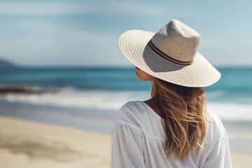Fototapeta na wymiar A woman wearing a hat enjoying the beach. Perfect for travel and vacation themes