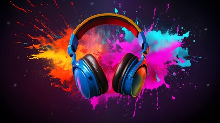 Headphones over Neon splashing wih vibrant colours, dynamic music blaster
