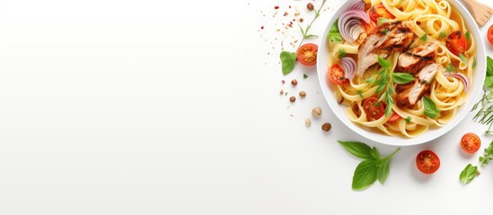 Pasta with chicken and vegetables with fresh herbs Traditional italian food Top view at white table. Creative Banner. Copyspace image