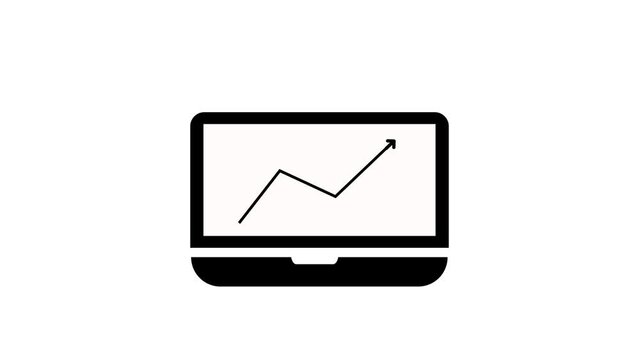 Laptop icon with a rising graph on the screen animated on a white background.
