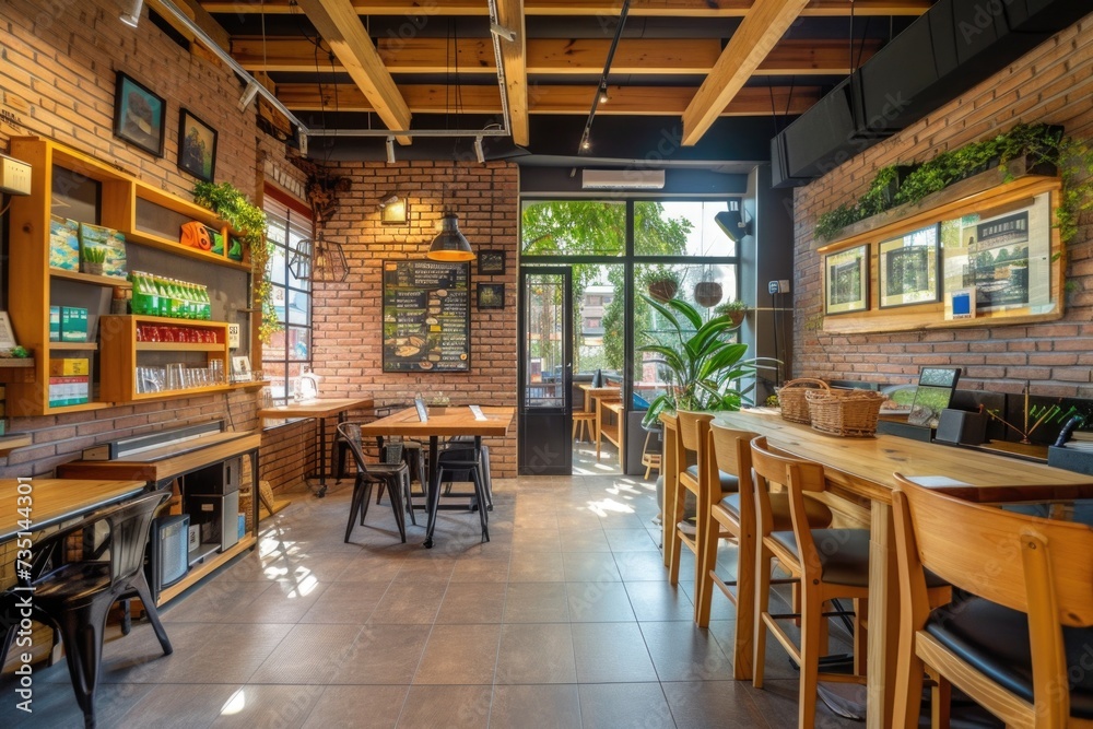 Poster a picture of a restaurant with tables and chairs set against a brick wall. suitable for various uses