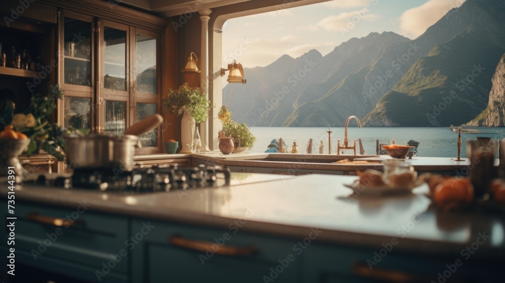 Poster a kitchen with a beautiful view of a mountain range. perfect for adding a touch of nature to any hom