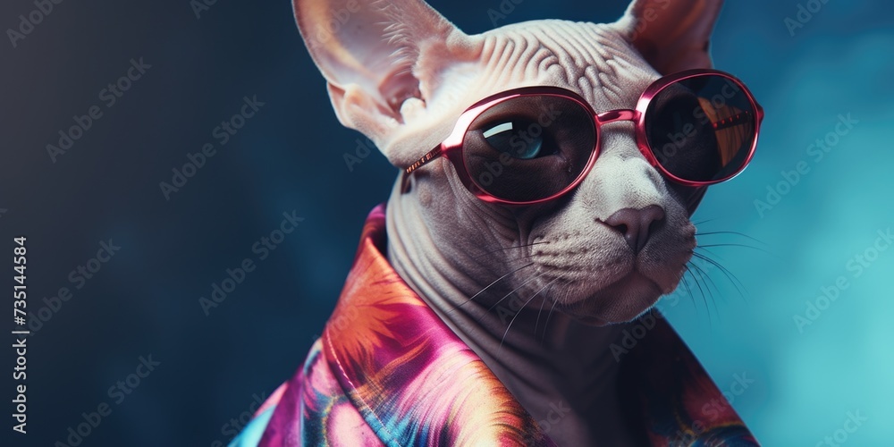 Poster Close up of a cat wearing sunglasses. Perfect for adding a touch of coolness to any project