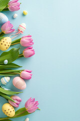 Eggstravaganza in pastels: vertical top view of vibrant eggs, and tulips arranged on a soothing...