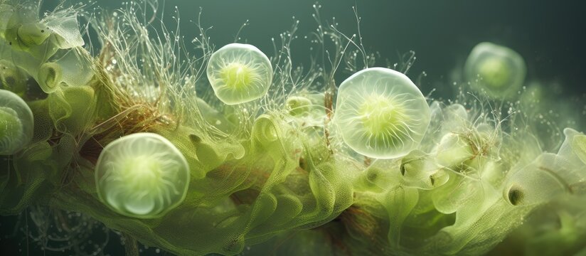 Marine microalgae Diatoma sp and Melosira sp attached to macroalgae Ulva compressa 340x magnification Stacked photo. Creative Banner. Copyspace image