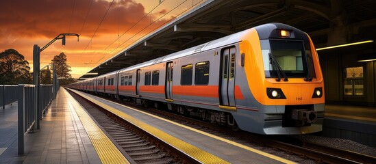 Naklejka premium Melbourne Metro Train at Victoria Park railway station. Creative Banner. Copyspace image