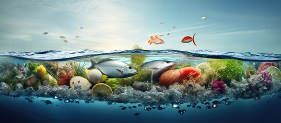Fototapeta na wymiar Vegan Plant based fish and seafood food reducing carbon footprint. Creative Banner. Copyspace image