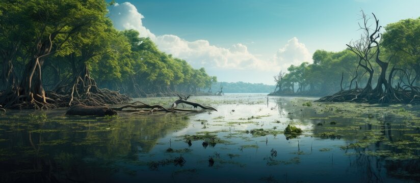 The world largest mangrove forest with wildlife. Creative Banner. Copyspace image