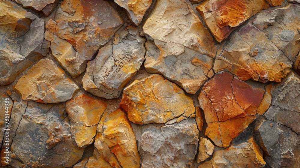 Poster A detailed close up of a rock wall covered in vibrant orange paint. Perfect for adding a pop of color to any design project