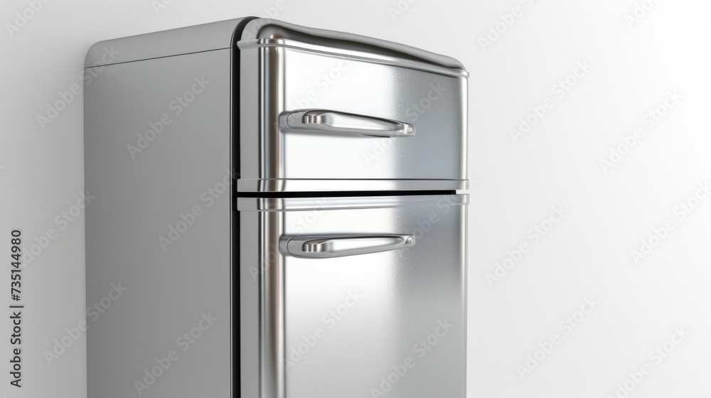 Poster a modern metallic refrigerator featuring two doors and a convenient drawer. ideal for storing and or