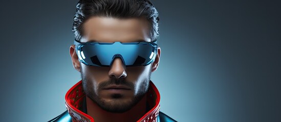 picture of handsome man with futuristic glasses. Creative Banner. Copyspace image