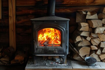 Vintage Wood-Burning Stove in Cozy Mountain Cabin for Winter Warmth and Cooking