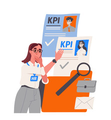 Job search concept. Woman evaluate KPI. Collaboration and cooperation. Headunting and recruiting. Poster or banner for website. Cartoon flat vector illustration isolated on white background