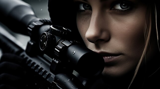 A woman confidently holds a rifle and stares directly at the camera. This powerful image can be used to convey strength, determination, or themes related to firearms and self-defense