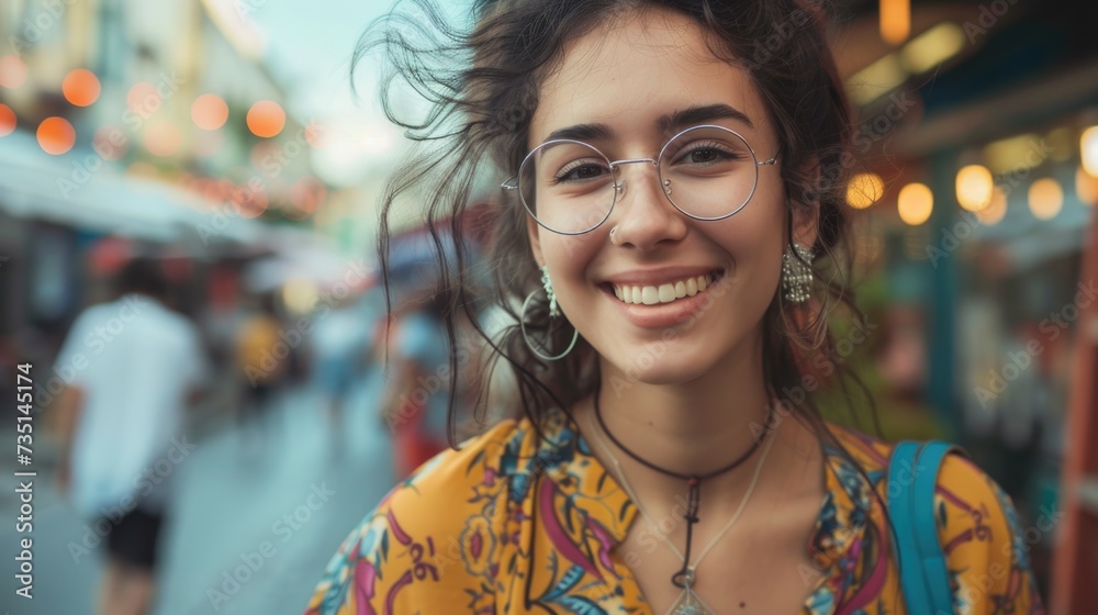 Poster A woman with glasses and a yellow shirt smiling. This image can be used to depict happiness, positivity, and confidence