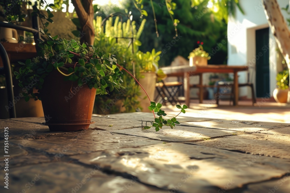 Poster a potted plant sitting on top of a stone floor. can be used to add a touch of nature to interior des