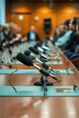 Naklejka premium A group of people sitting at a table with microphones. This image can be used to depict a panel discussion, a podcast recording, or a conference