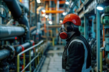 A man wearing a gas mask in a factory. Suitable for industrial, pollution, or safety concepts - obrazy, fototapety, plakaty