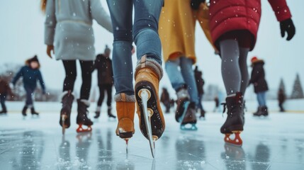 People enjoying ice skating on an ice rink. Suitable for winter sports and recreational activities - obrazy, fototapety, plakaty