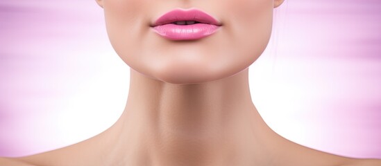 Woman showing painted thyroid gland on her neck Enlarged butterfly shaped thyroid gland isolated on white background. Creative Banner. Copyspace image