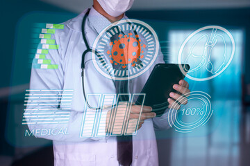 concept: Health and medicine, Doctor with mouthpiece holds a tablet and diagnoses virtual human lungs with possible infections such as flu or influenza. prevention alert