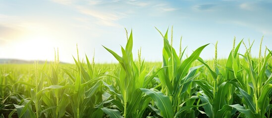 Young corn plants in a corn field green leaves stem Agriculture concept. Creative Banner. Copyspace image