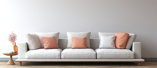 Fototapeta na wymiar Pastel pillows on grey sofa and modern table against white tubes in living room with brown carpet. Creative Banner. Copyspace image