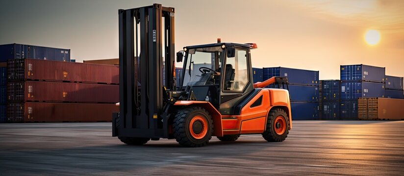 Toplifter forklift for stacking containers in the import export logistic zone shipping industry. Creative Banner. Copyspace image