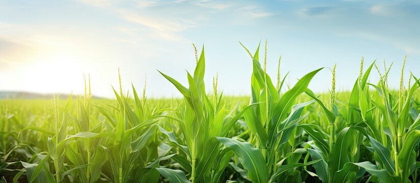 Young corn plants in a corn field green leaves stem Agriculture concept. Creative Banner. Copyspace image