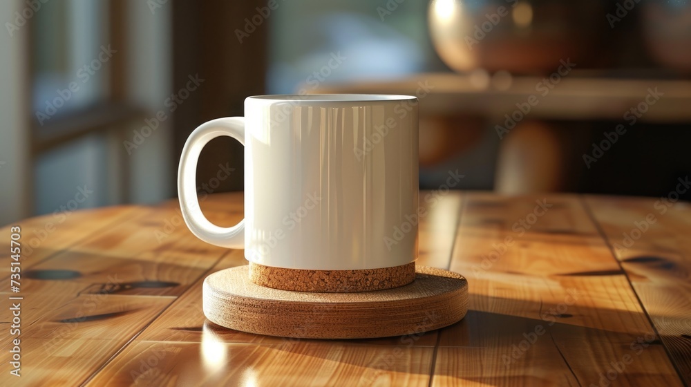 Poster a white coffee cup placed on a wooden table. perfect for showcasing a cozy coffee break or adding a 