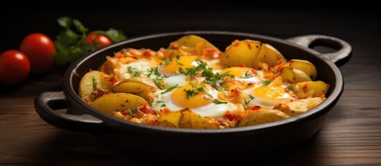 Potato omelette egg with potatoes Turkish name Yumurtali patates. Creative Banner. Copyspace image