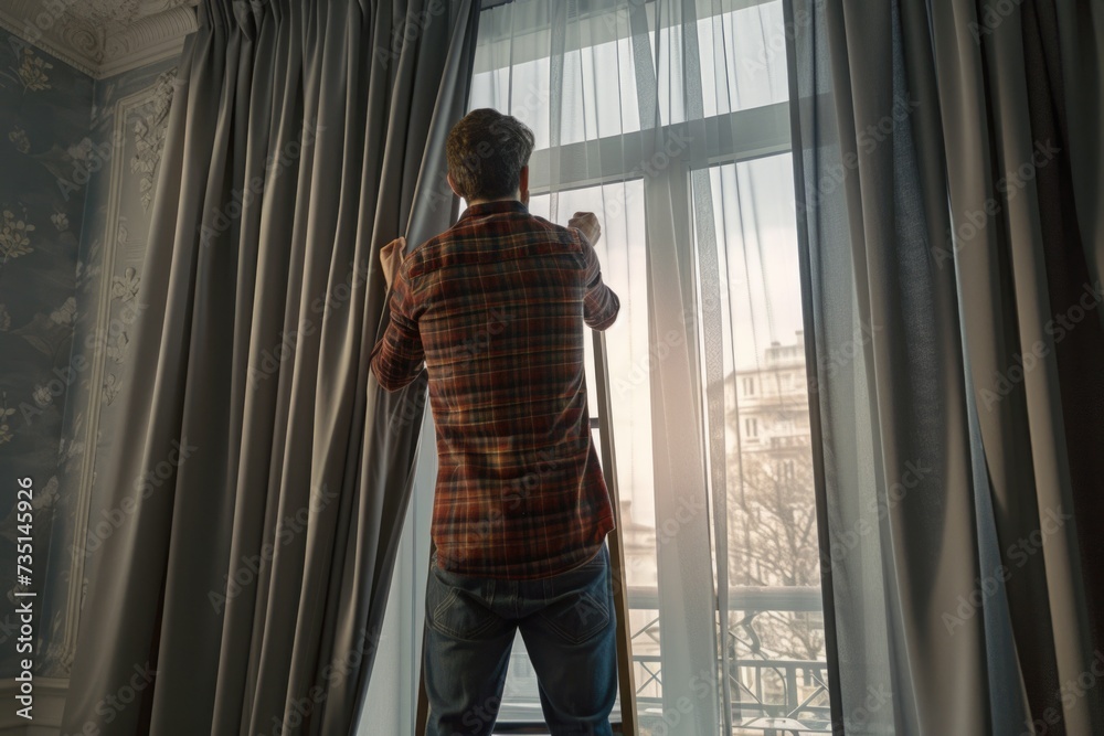 Poster a man stands on a ladder in front of a window. suitable for home improvement or maintenance concepts