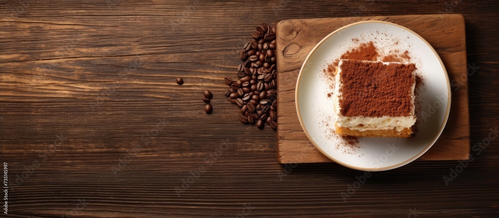 Poster Tiramisu dessert and coffee on wooden table Top view with copy space. Creative Banner. Copyspace image