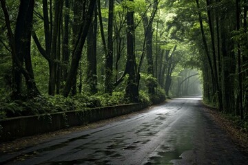 A forested path with a road made of asphalt. Generative AI