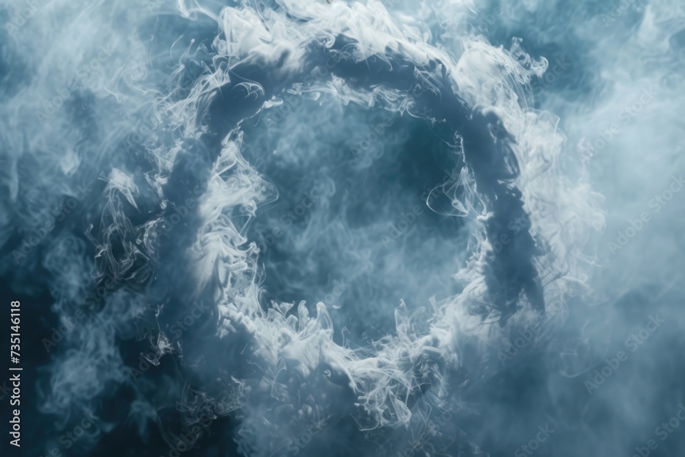 Poster A circle of smoke captured on a dark blue background. This image can be used to create a mysterious or atmospheric effect in various designs