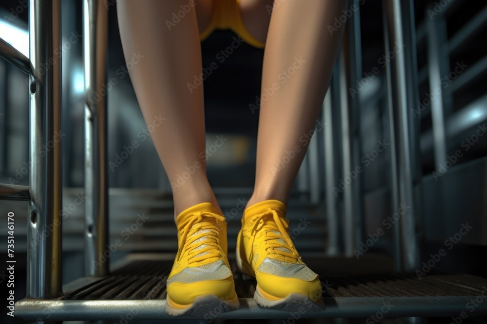 Poster a close-up view of a person's shoes on a stair. this image can be used to depict concepts related to